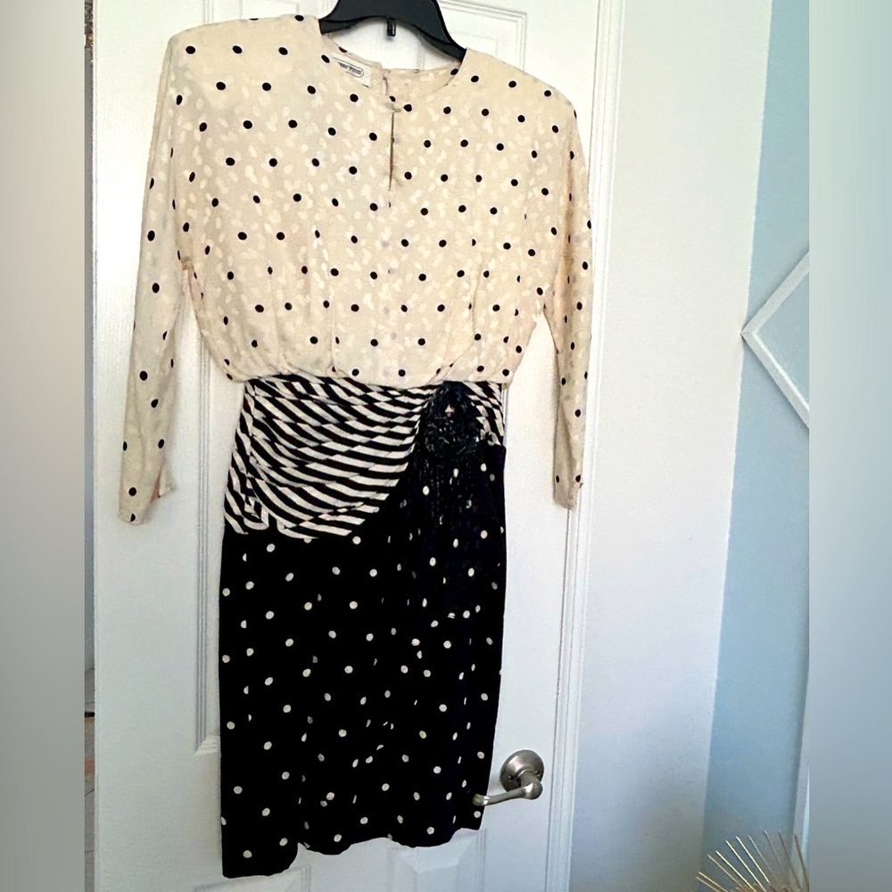 Vintage 80s Polka Dot and Stripe 100% Silk Dress